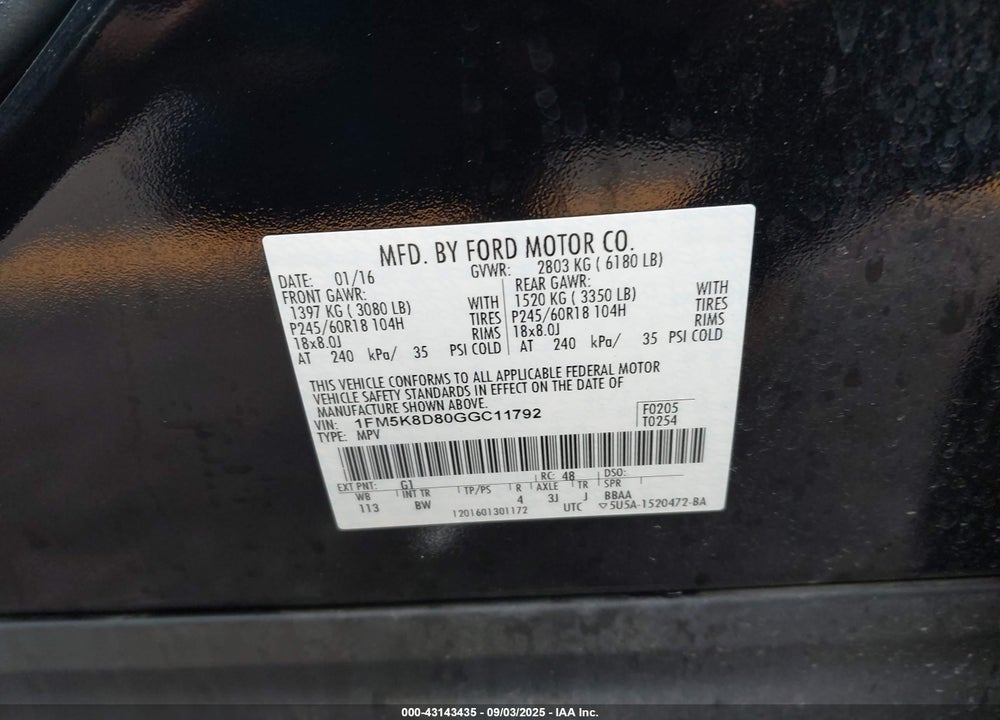 2016 FORD EXPLORER XLT VIN: 1FM5K8D80GGC11792