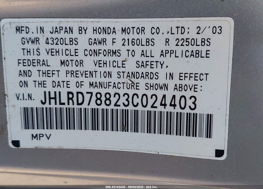 2003 HONDA CR-V EX VIN: JHLRD78823C024403