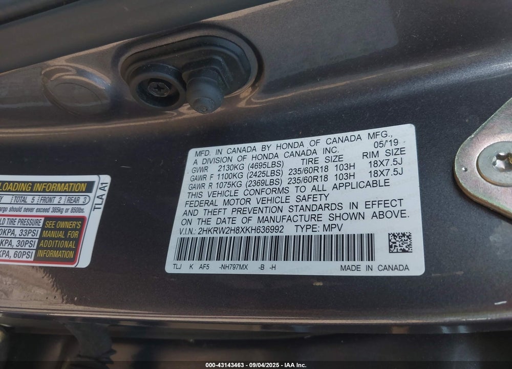 2019 HONDA CR-V VIN: 2HKRW2H8XKH636992