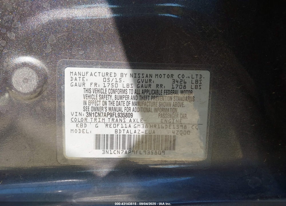 2015 NISSAN VERSA VIN: 3N1CN7AP9FL935809