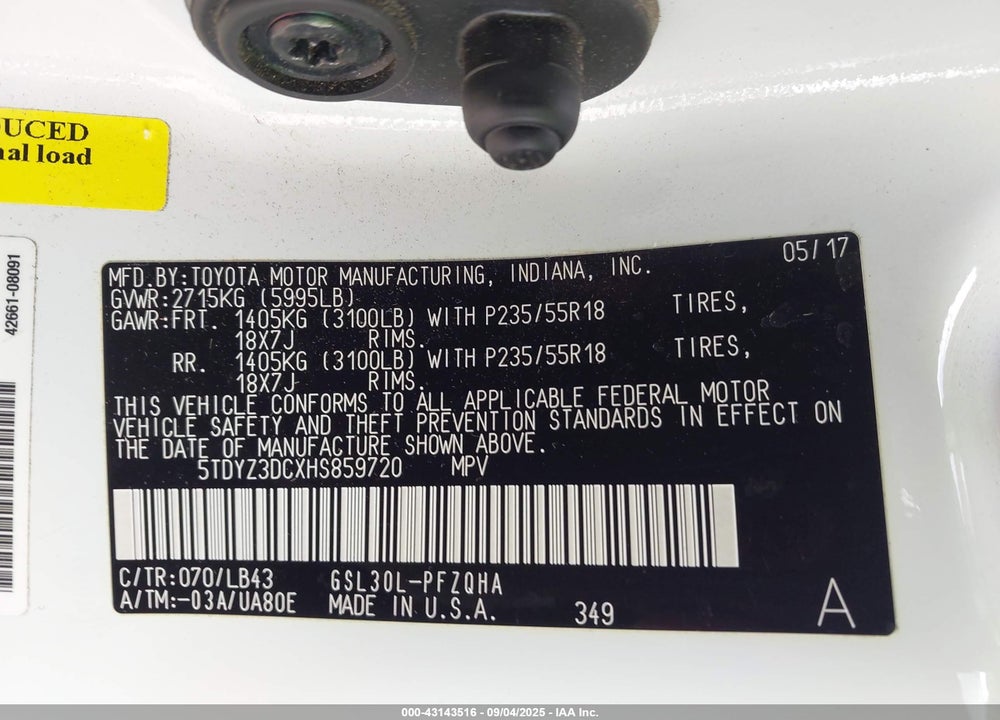 2017 TOYOTA SIENNA VIN: 5TDYZ3DCXHS859720
