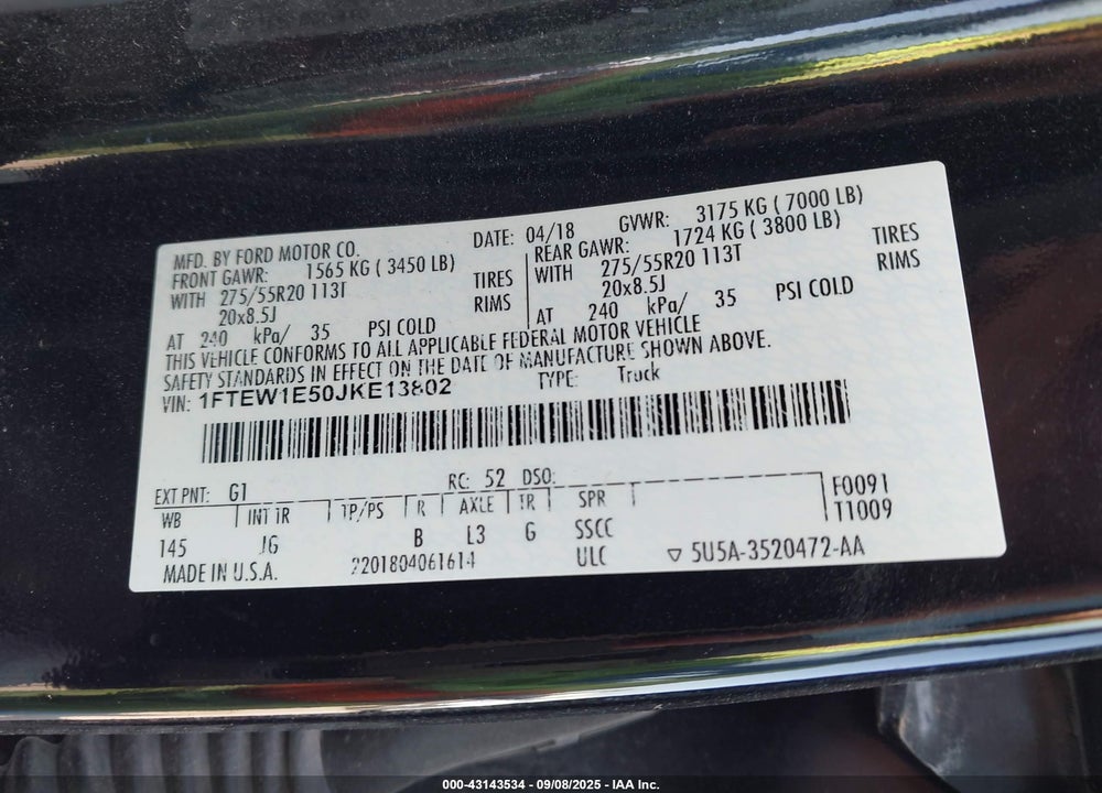 2018 FORD F-150 VIN: 1FTEW1E50JKE13802