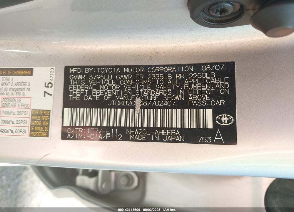 2008 TOYOTA PRIUS VIN: JTDKB20U487702407