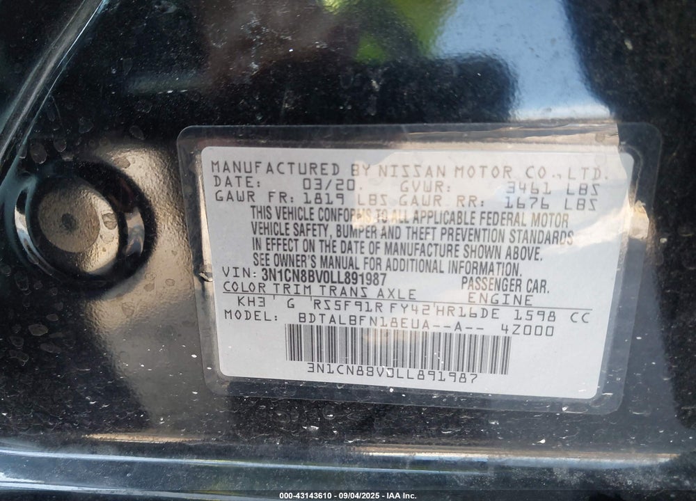 2020 NISSAN VERSA S 5-SPEED MANUAL TRANSMISSION VIN: 3N1CN8BV0LL891987