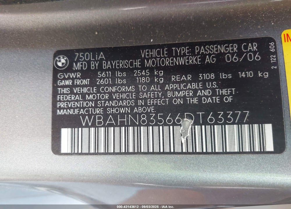 2006 BMW 750LI VIN: WBAHN83566DT63377