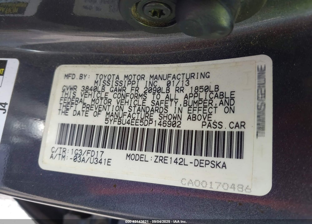 2013 TOYOTA COROLLA VIN: 5YFBU4EE5DP146902