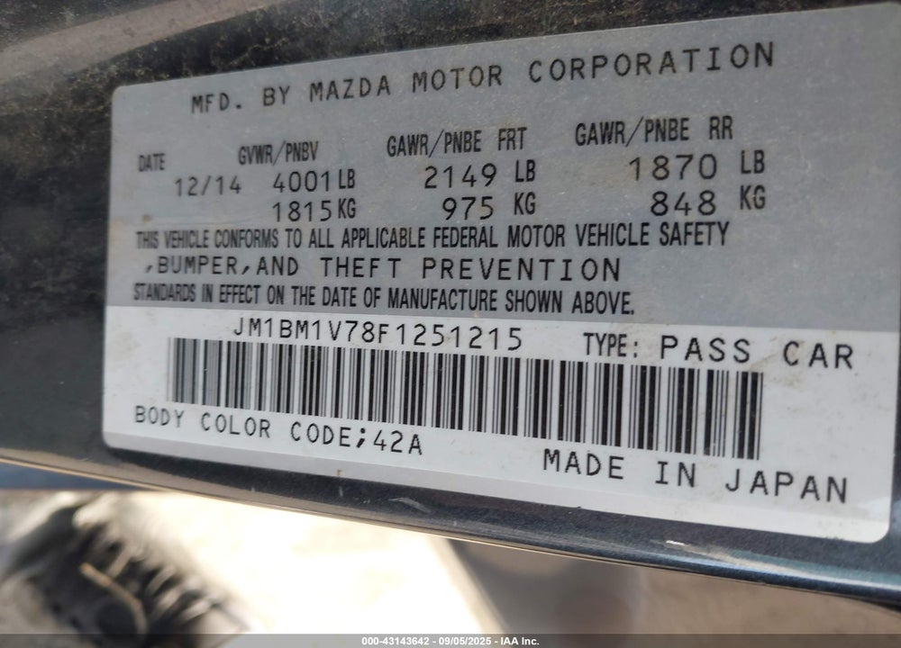 2015 MAZDA 3 VIN: JM1BM1V78F1251215