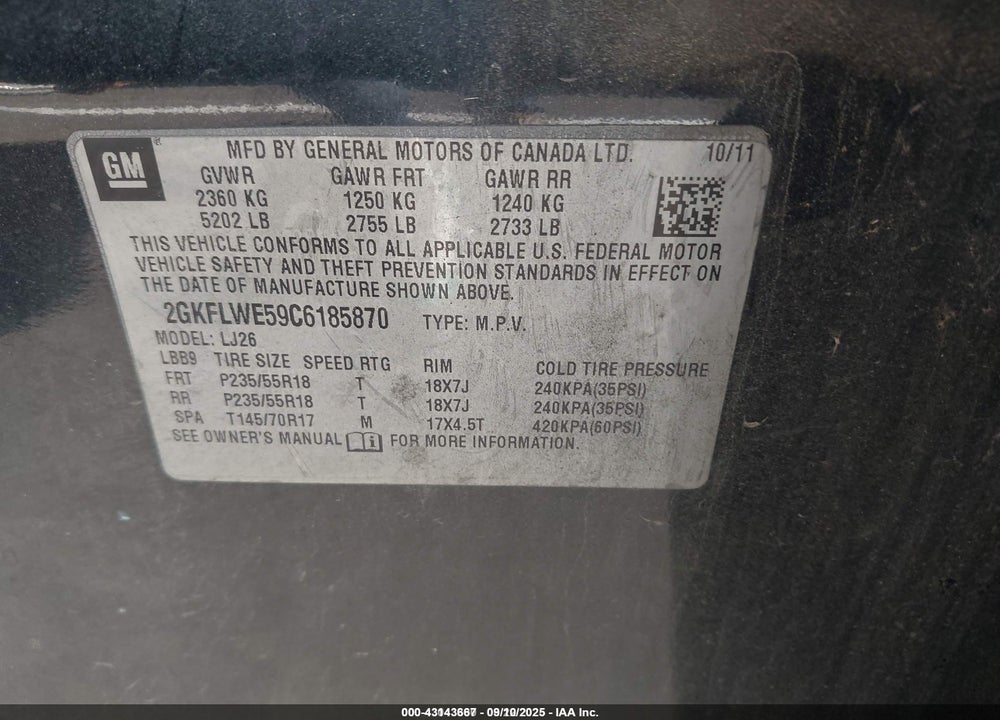 2012 GMC TERRAIN VIN: 2GKFLWE59C6185870