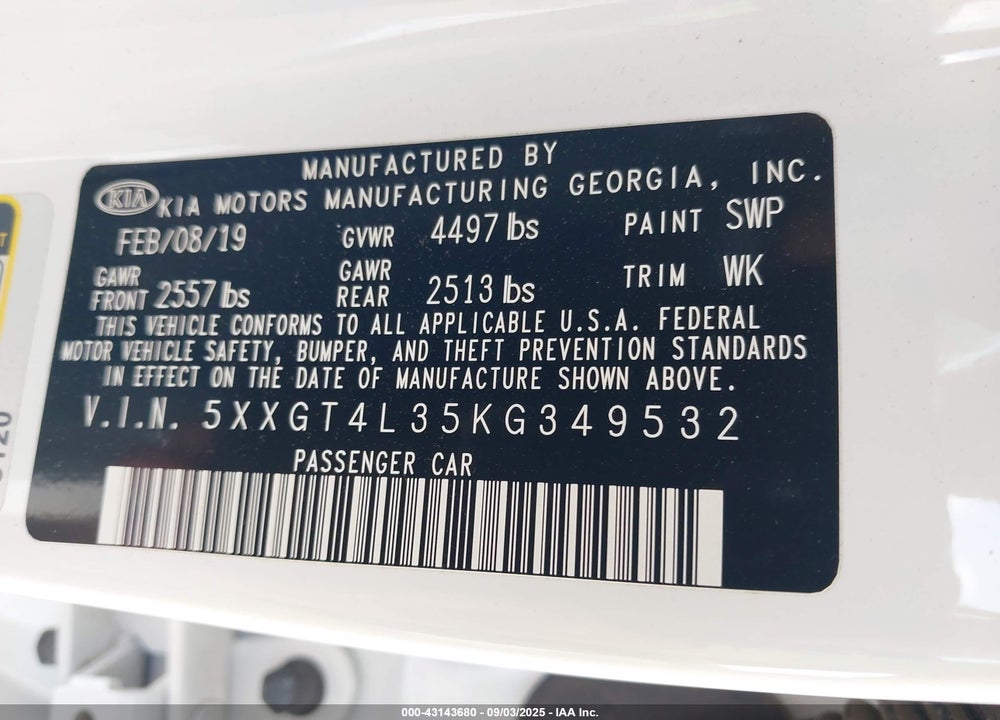 2019 KIA OPTIMA VIN: 5XXGT4L35KG349532