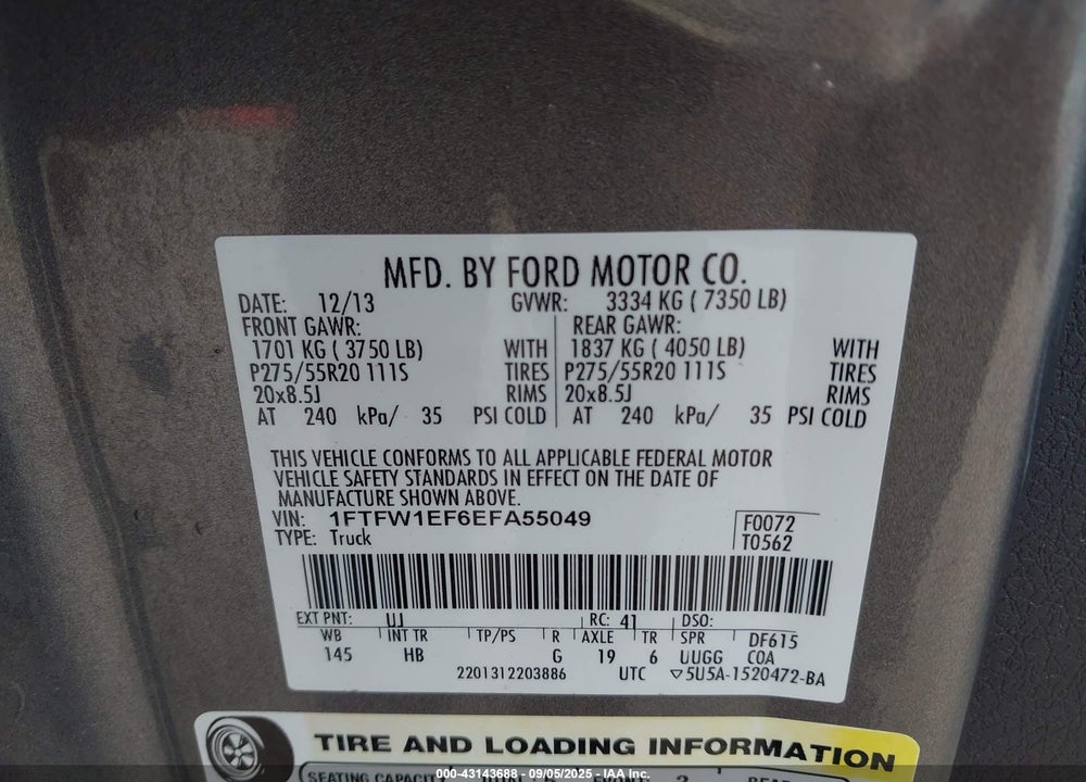 2014 FORD F-150 VIN: 1FTFW1EF6EFA55049