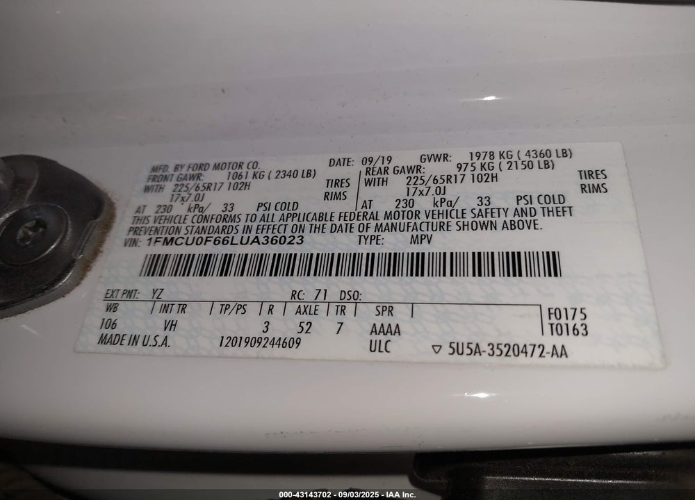 2020 FORD ESCAPE S VIN: 1FMCU0F66LUA36023
