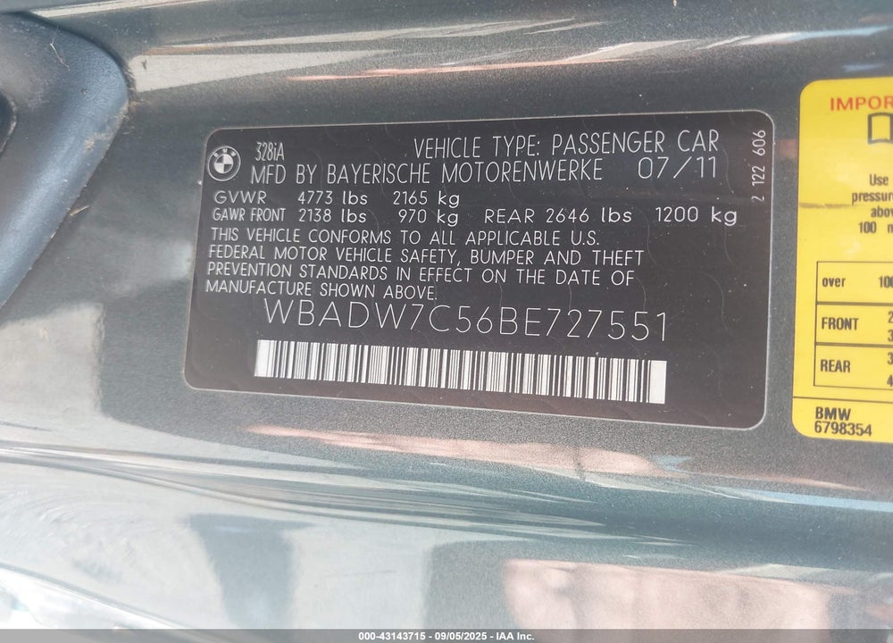 2011 BMW 328I VIN: WBADW7C56BE727551