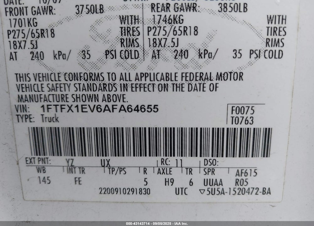 2010 FORD F-150 FX4/LARIAT/XL/XLT VIN: 1FTFX1EV6AFA64655