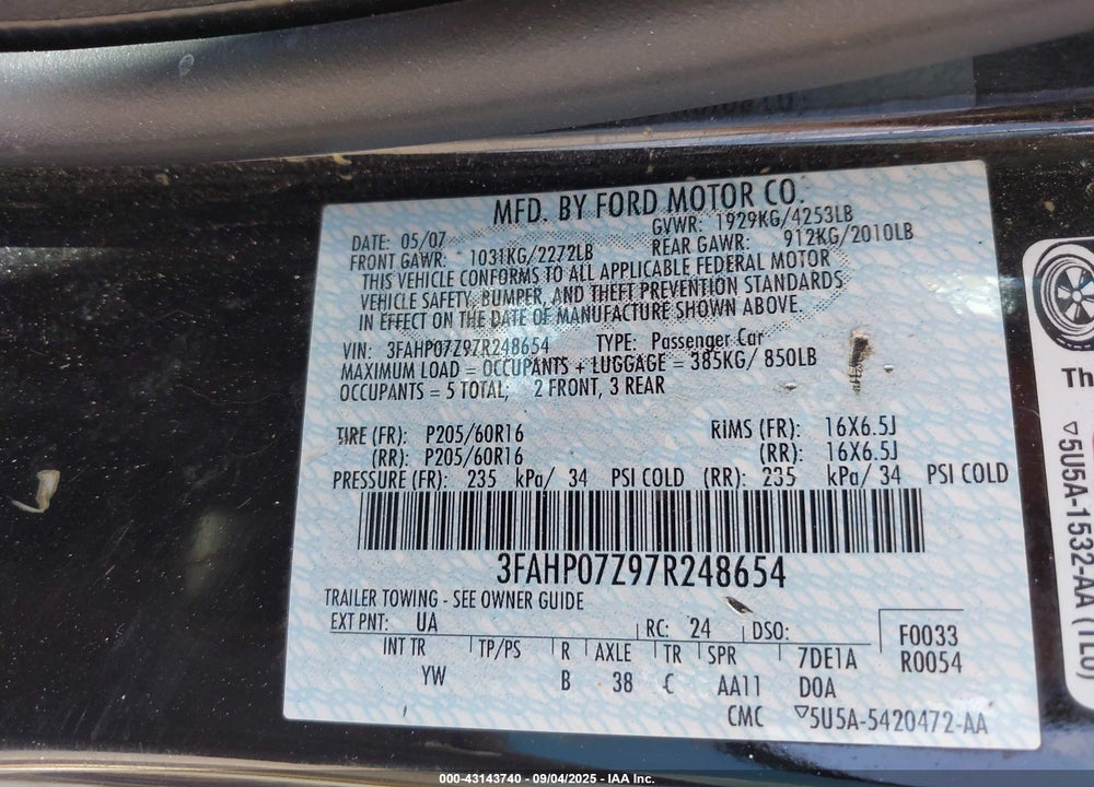 2007 FORD FUSION SE VIN: 3FAHP07Z97R248654