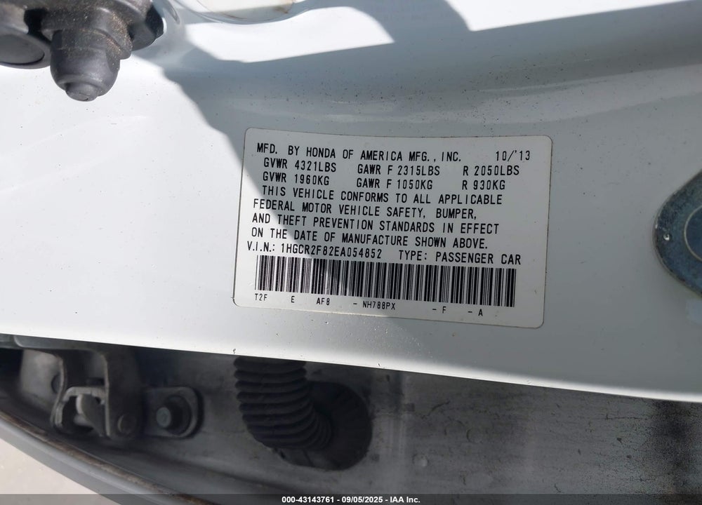 2014 HONDA ACCORD VIN: 1HGCR2F82EA054852