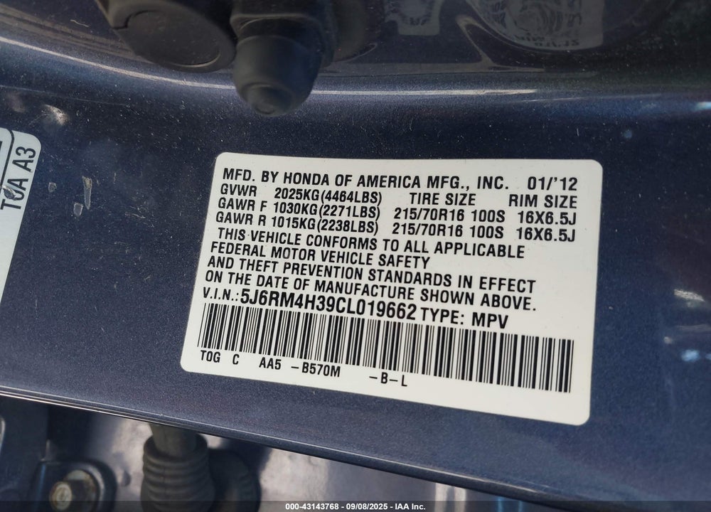 2012 HONDA CR-V VIN: 5J6RM4H39CL019662