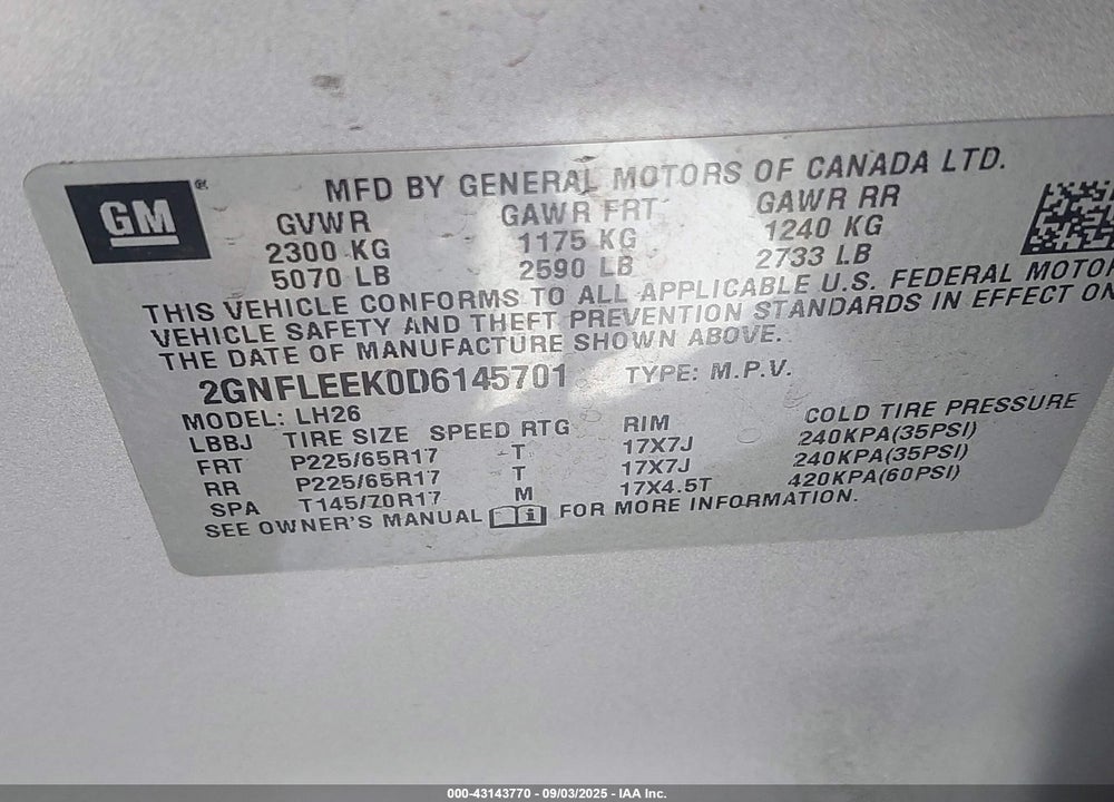 2013 CHEVROLET EQUINOX VIN: 2GNFLEEK0D6145701
