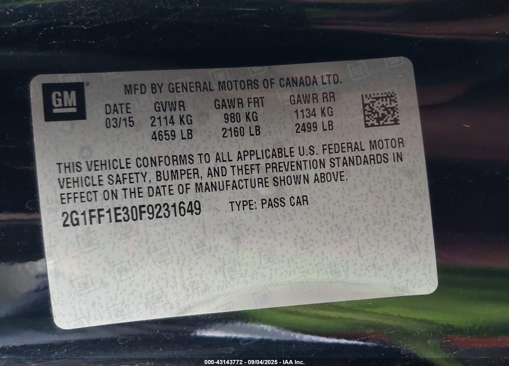 2015 CHEVROLET CAMARO VIN: 2G1FF1E30F9231649