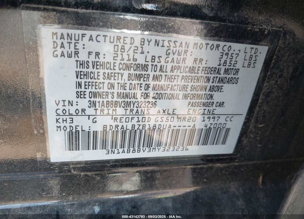2021 NISSAN SENTRA VIN: 3N1AB8BV3MY323236
