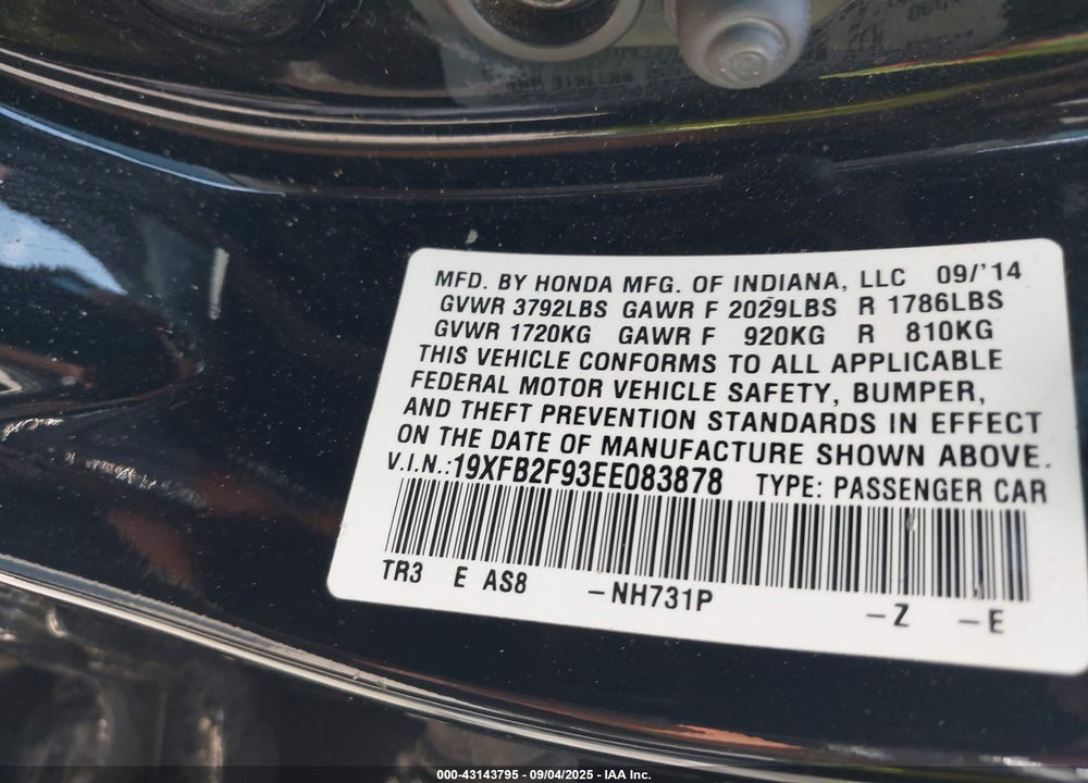 2014 HONDA CIVIC VIN: 19XFB2F93EE083878