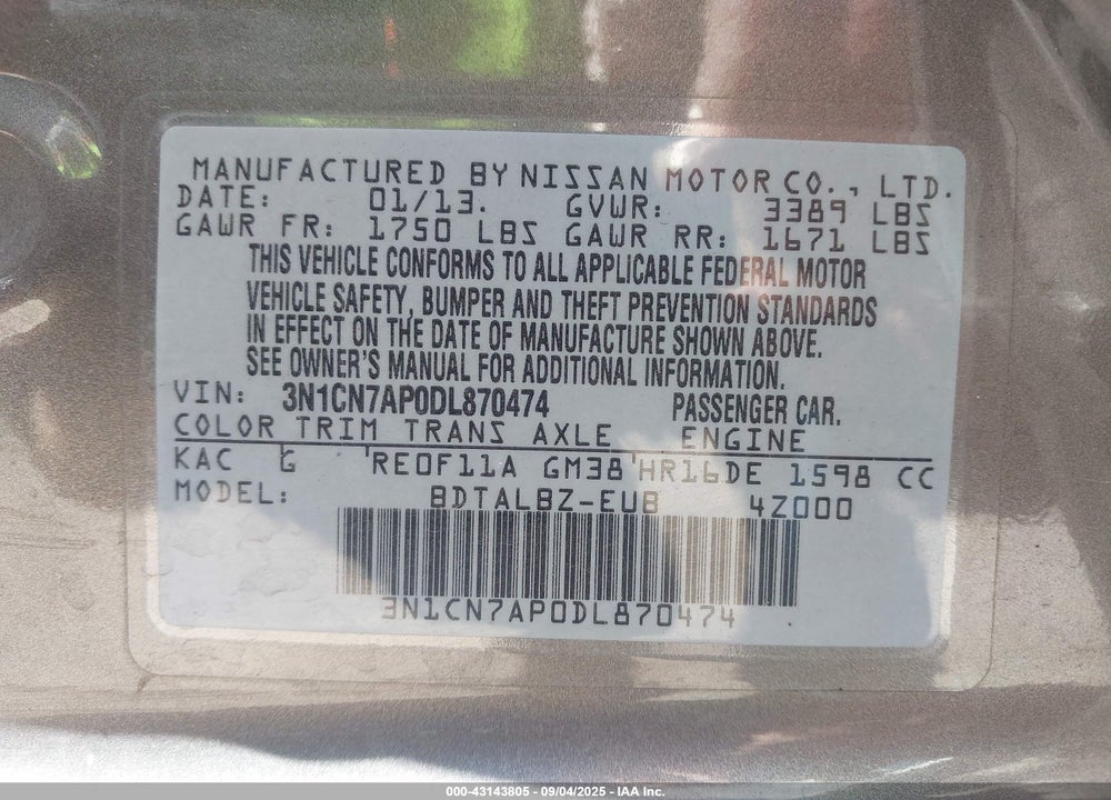 2013 NISSAN VERSA VIN: 3N1CN7AP0DL870474