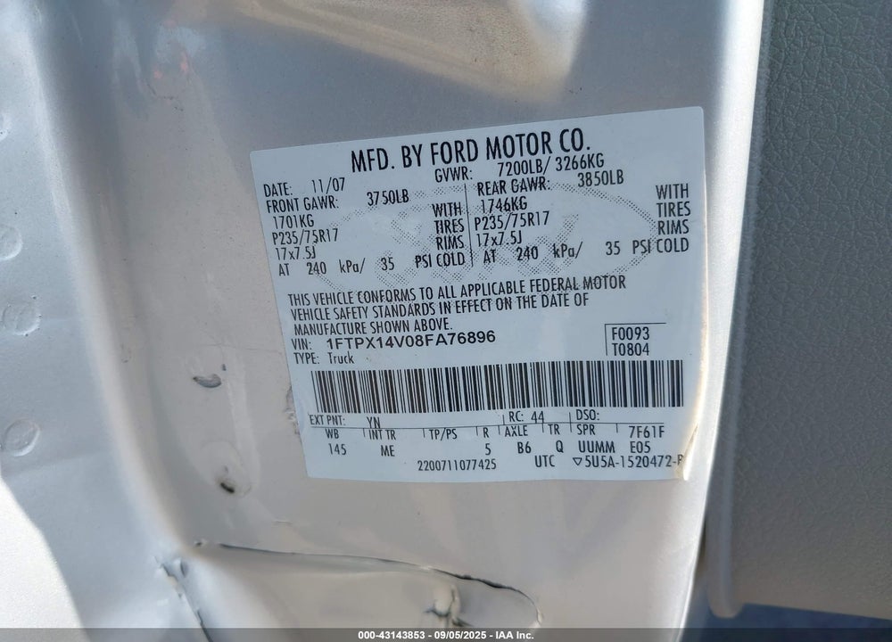 2008 FORD F-150 FX4/LARIAT/XL/XLT VIN: 1FTPX14V08FA76896