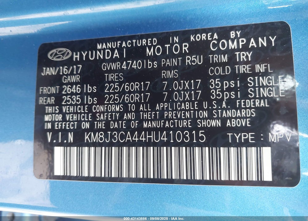 2017 HYUNDAI TUCSON VIN: KM8J3CA44HU410315