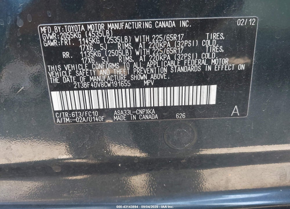 2012 TOYOTA RAV4 VIN: 2T3BF4DV8CW191655