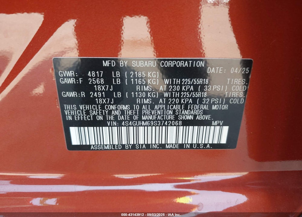 2025 SUBARU CROSSTREK VIN: 4S4GUHM69S3742068