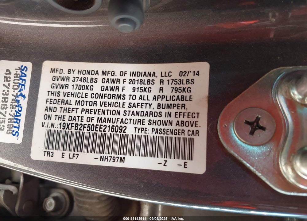 2014 HONDA CIVIC LX VIN: 19XFB2F50EE216092