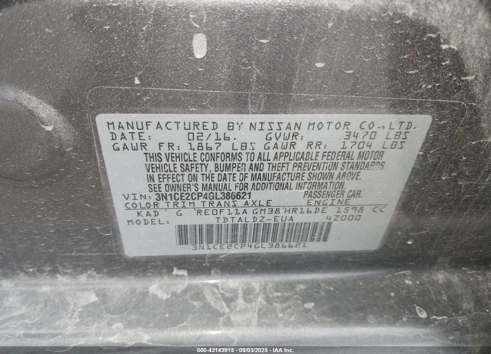 2016 NISSAN VERSA NOTE VIN: 3N1CE2CP4GL386621