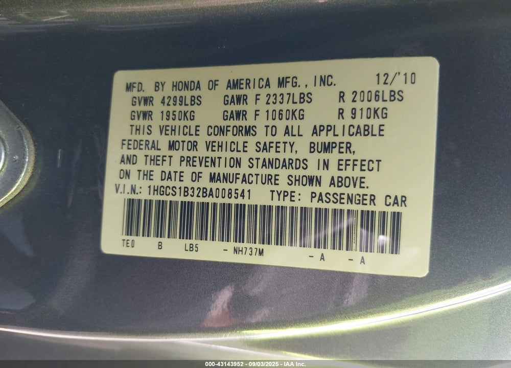 2011 HONDA ACCORD VIN: 1HGCS1B32BA008541