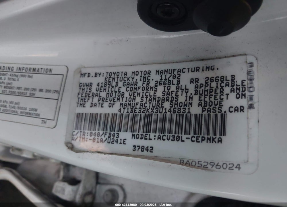 2003 TOYOTA CAMRY LE VIN: 4T1BE32KX3U146831