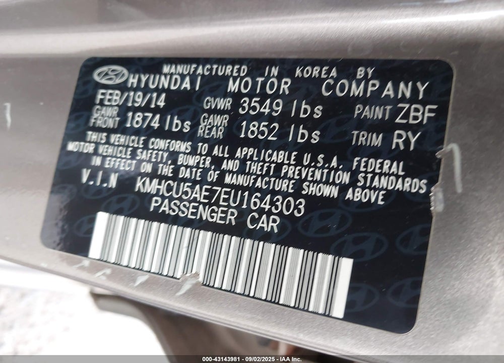 2014 HYUNDAI ACCENT VIN: KMHCU5AE7EU164303