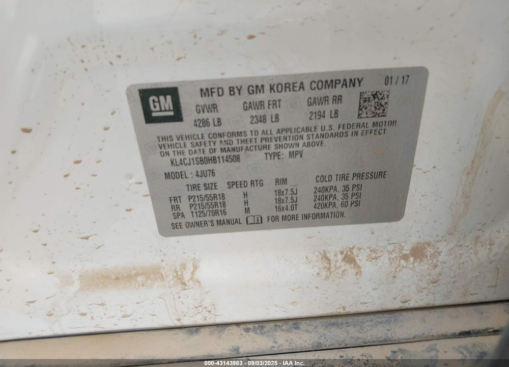 2017 BUICK ENCORE VIN: KL4CJ1SB0HB114508