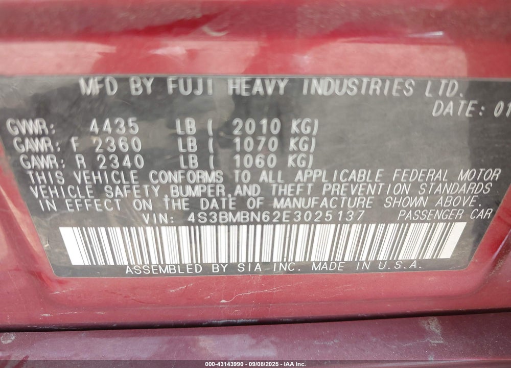 2014 SUBARU LEGACY VIN: 4S3BMBN62E3025137