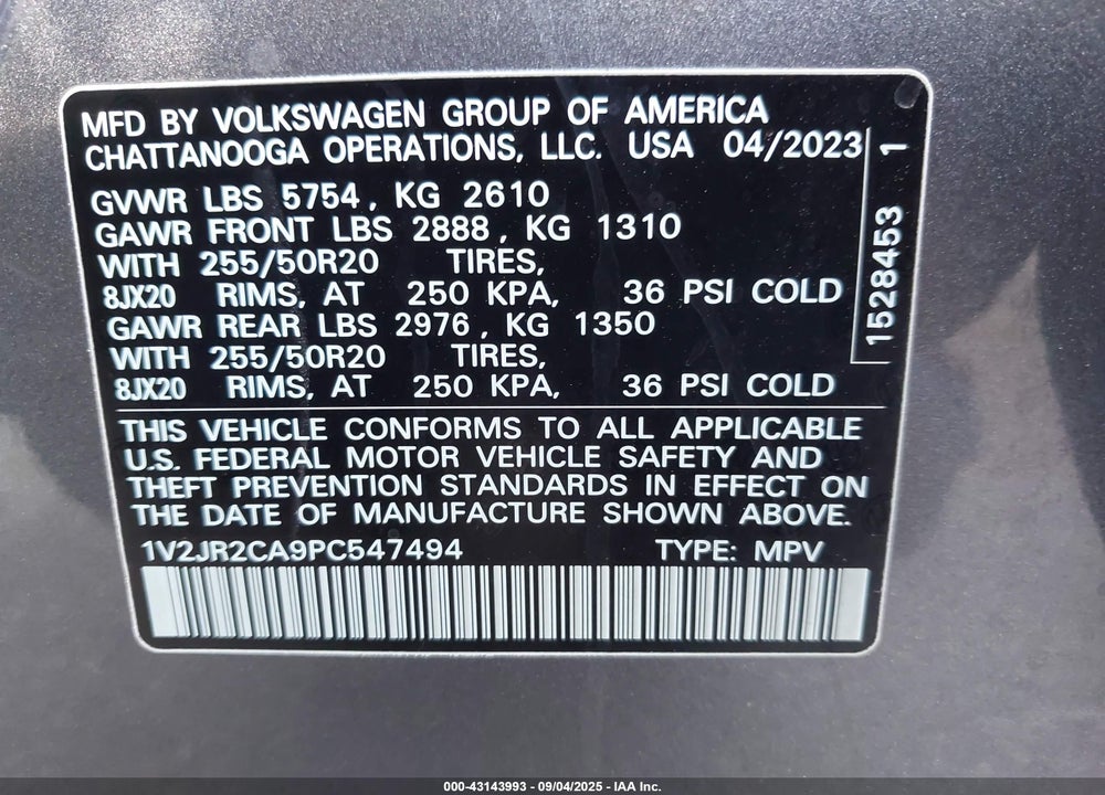 2023 VOLKSWAGEN ATLAS VIN: 1V2JR2CA9PC547494