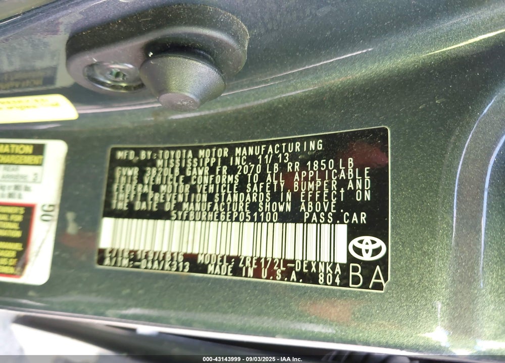 2014 TOYOTA COROLLA VIN: 5YFBURHE6EP051100