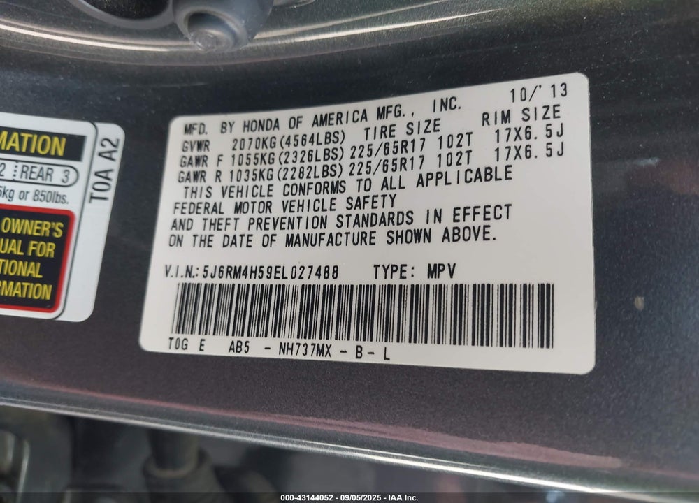 2014 HONDA CR-V VIN: 5J6RM4H59EL027488