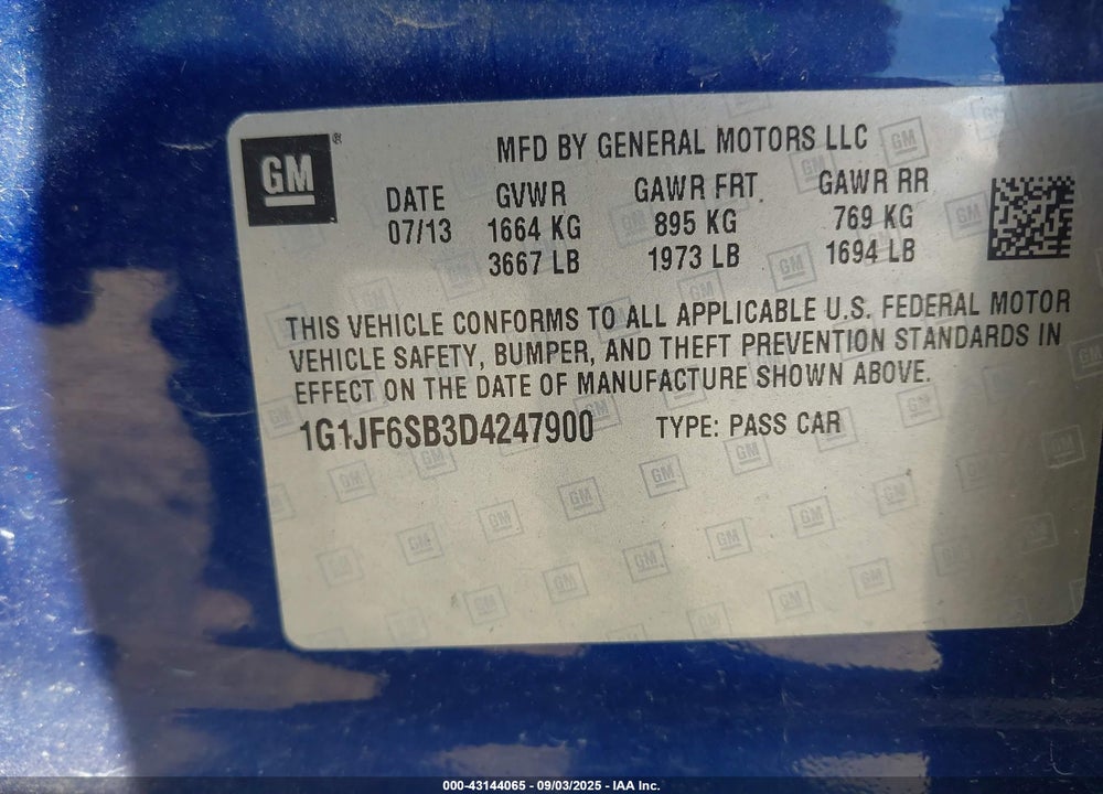 2013 CHEVROLET SONIC VIN: 1G1JF6SB3D4247900
