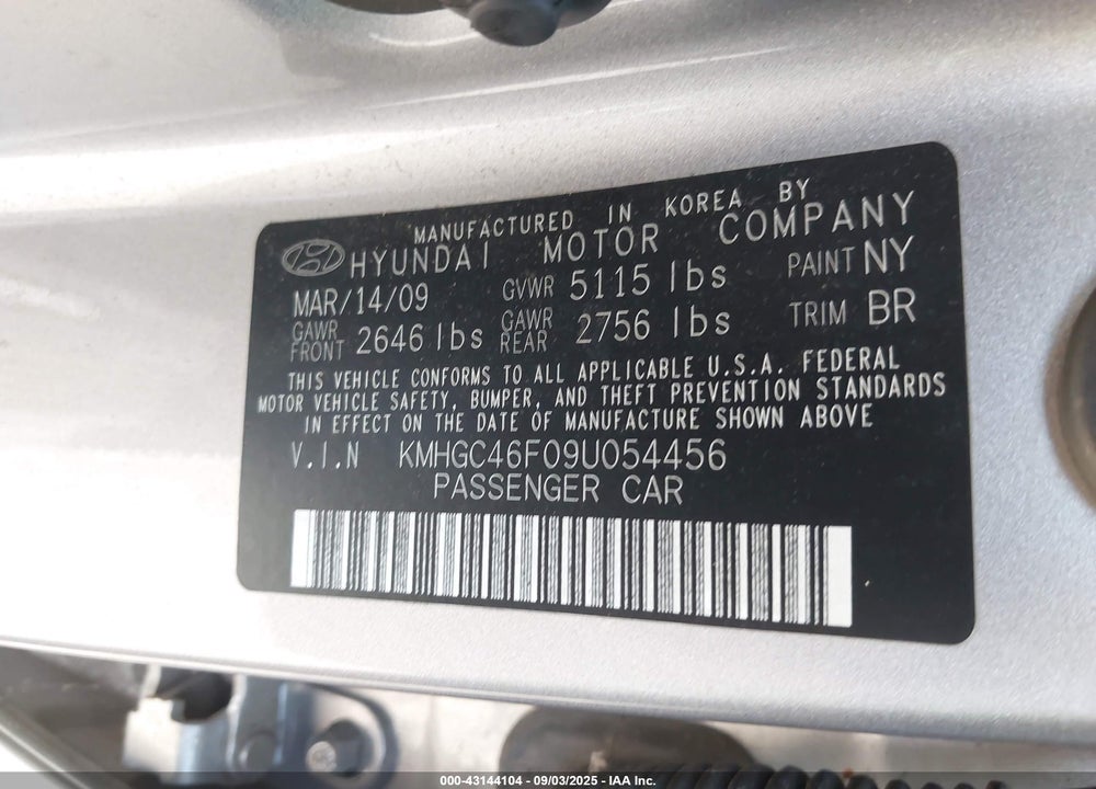 2009 HYUNDAI GENESIS VIN: KMHGC46F09U054456