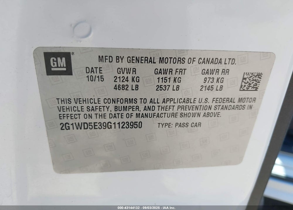 2016 CHEVROLET IMPALA LIMITED VIN: 2G1WD5E39G1123950