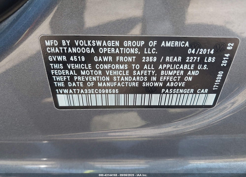 2014 VOLKSWAGEN PASSAT VIN: 1VWAT7A33EC098585