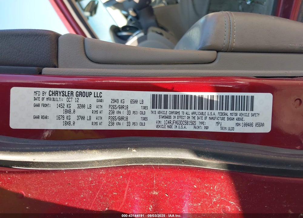 2013 JEEP GRAND CHEROKEE LAREDO VIN: 1C4RJFAG3DC581565