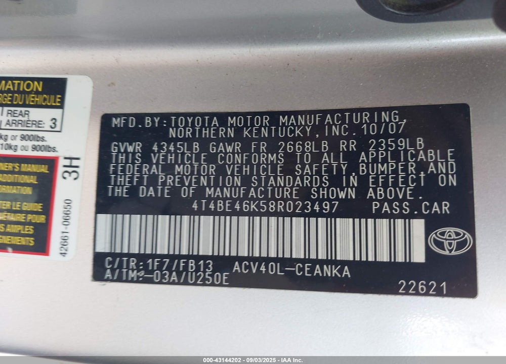 2008 TOYOTA CAMRY VIN: 4T4BE46K58R023497