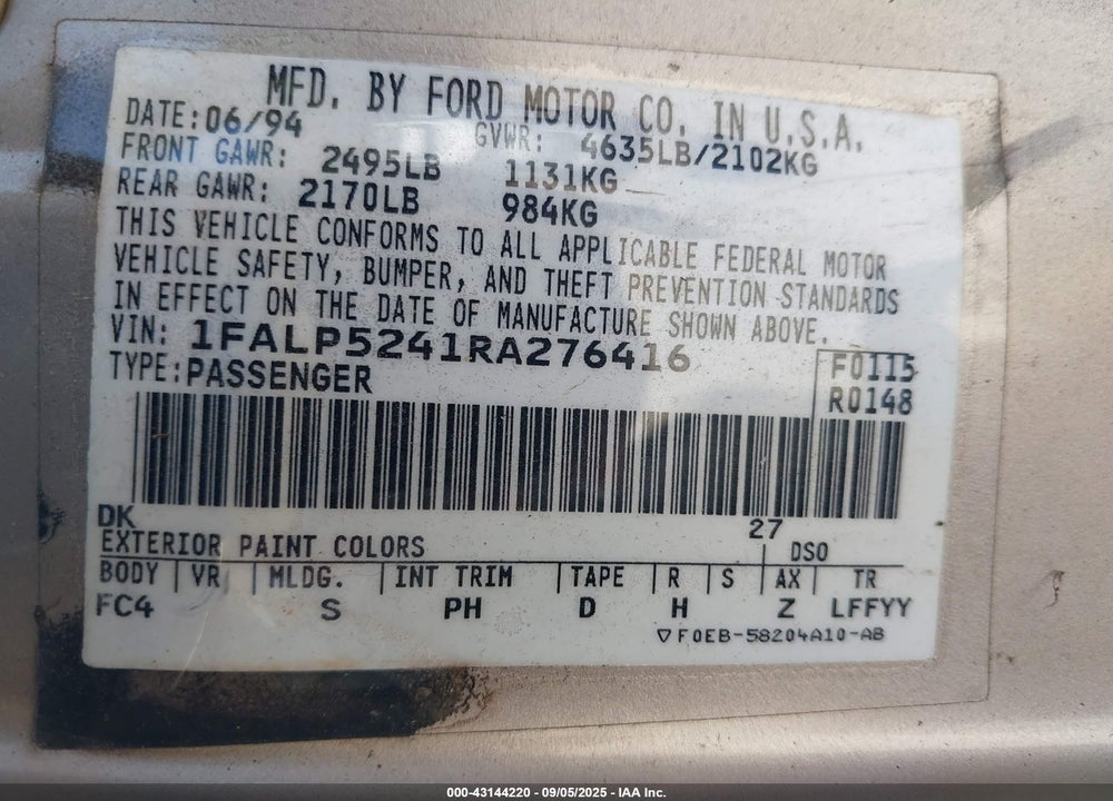 1994 FORD TAURUS GL VIN: 1FALP5241RA276416