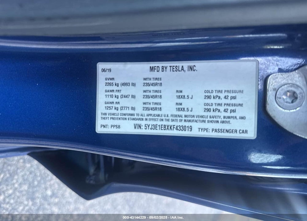 2019 TESLA MODEL 3 VIN: 5YJ3E1EBXKF433019