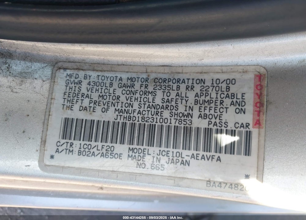 2001 LEXUS IS 300 VIN: JTHBD182310017853