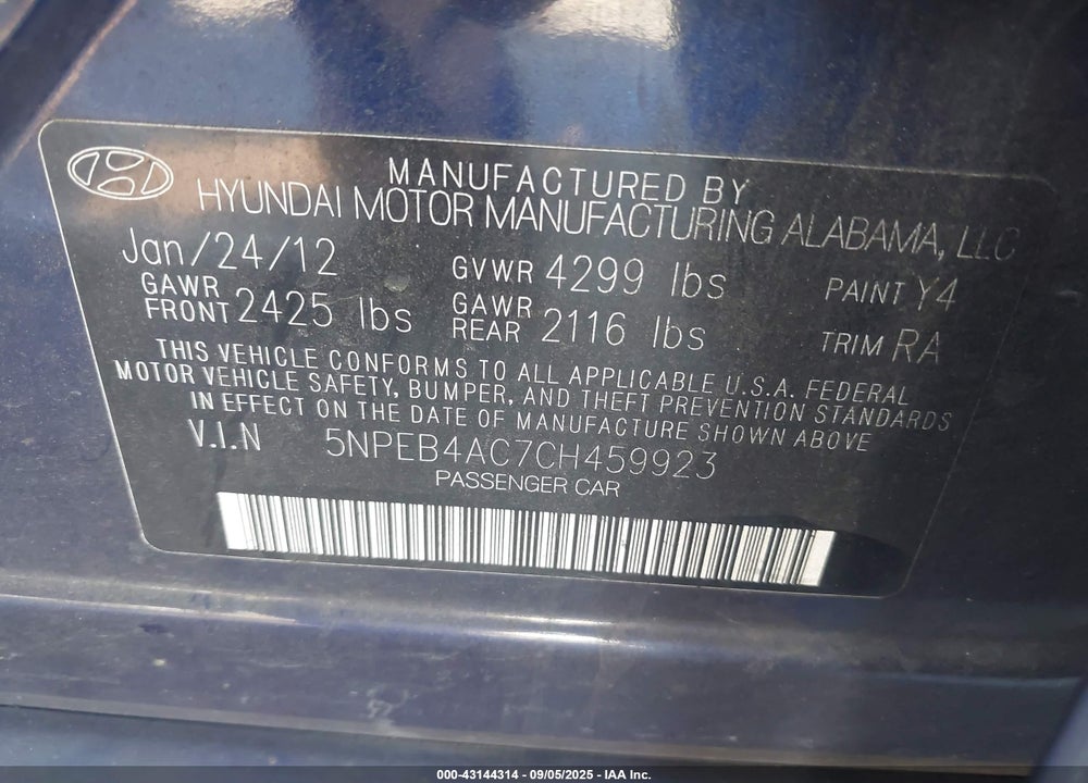 2012 HYUNDAI SONATA VIN: 5NPEB4AC7CH459923