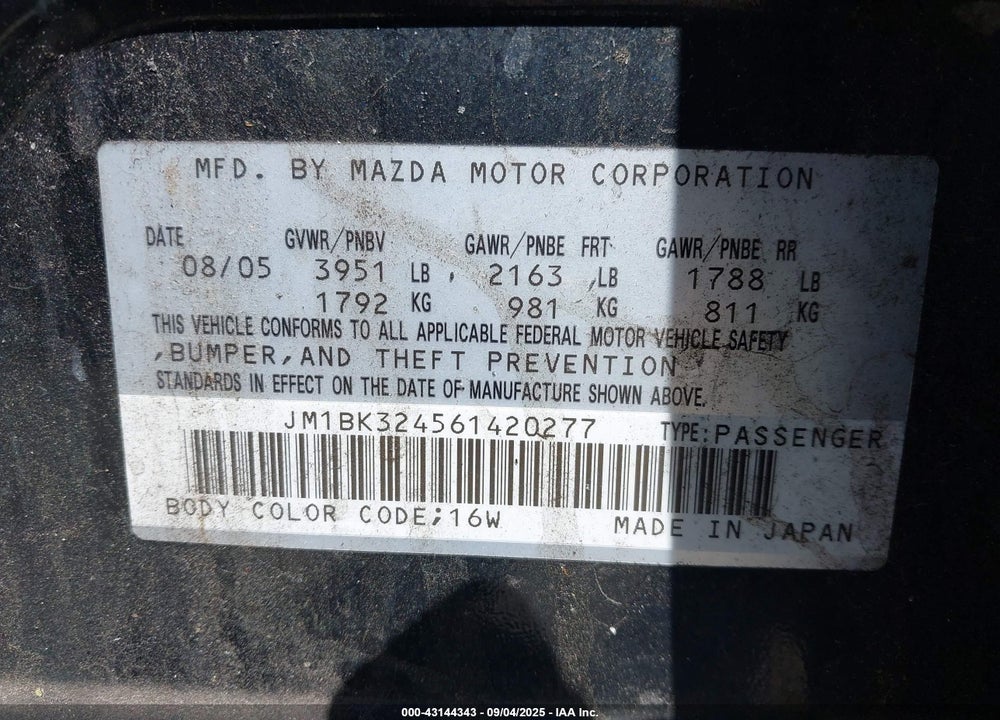 2006 MAZDA 3 S VIN: JM1BK324561420277